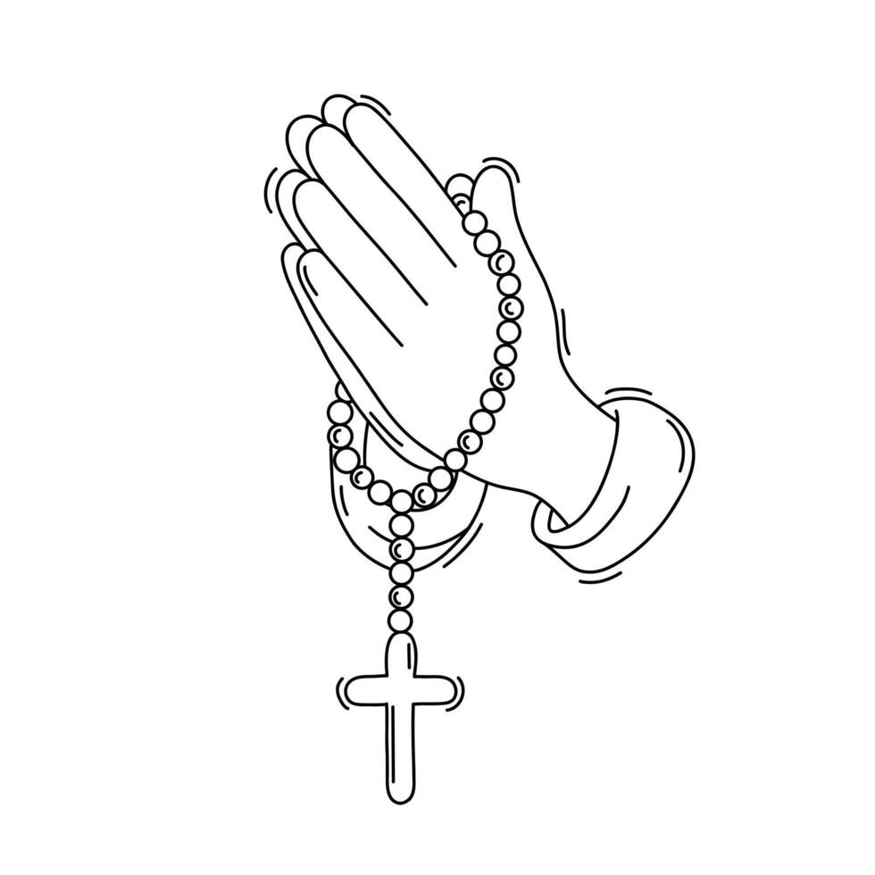 Doodle of Hands in prayer with a rosary with a cross. Praying hands united for pray to god. illustration vector