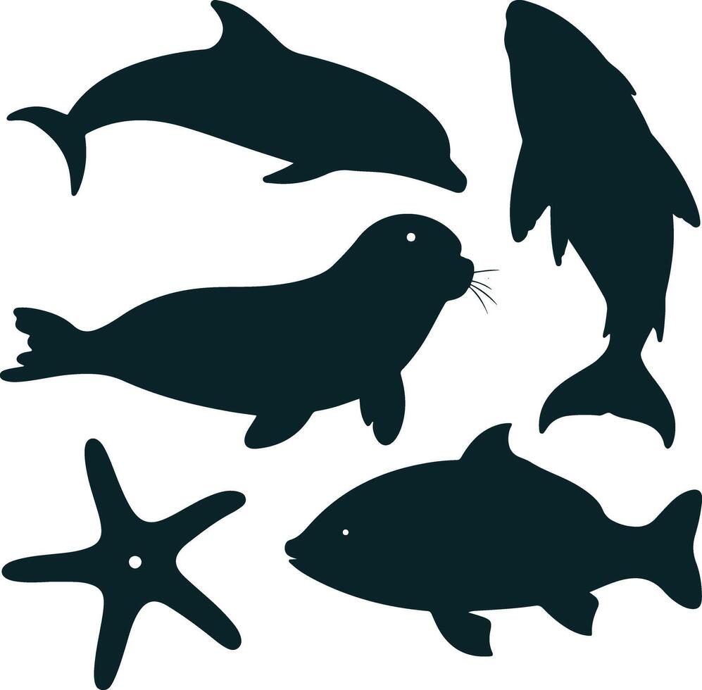 A illustration of silhouette fish set. There's a dolphin, a seal, a sea otter, and a starfish vector