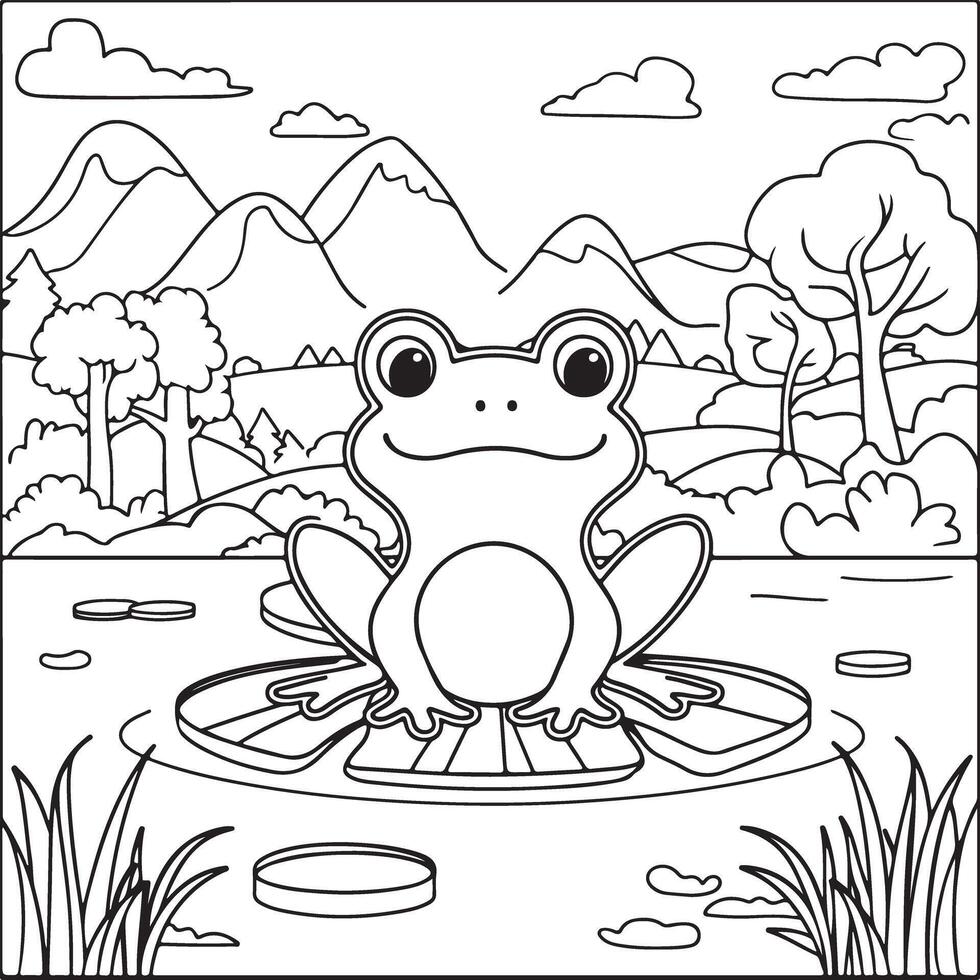 Kids drawing book illustration with a frog sitting on a big lily leaf vector
