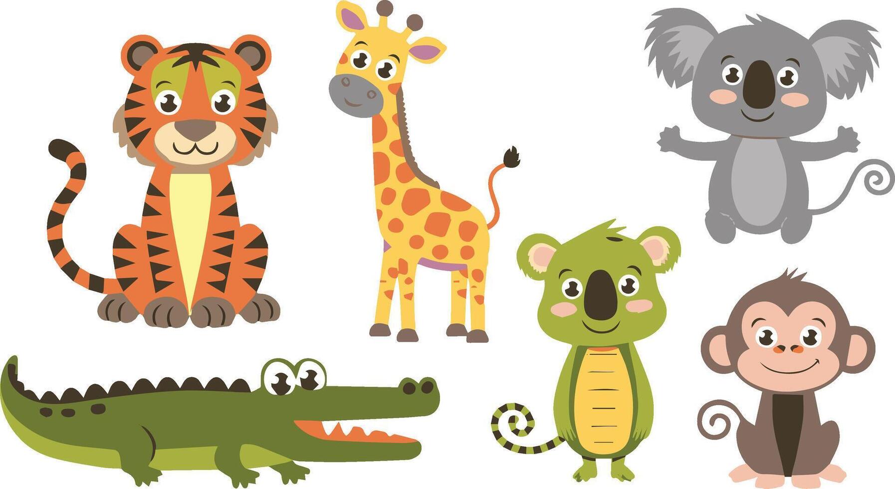 A set of safari cute animals flat color illustration vector