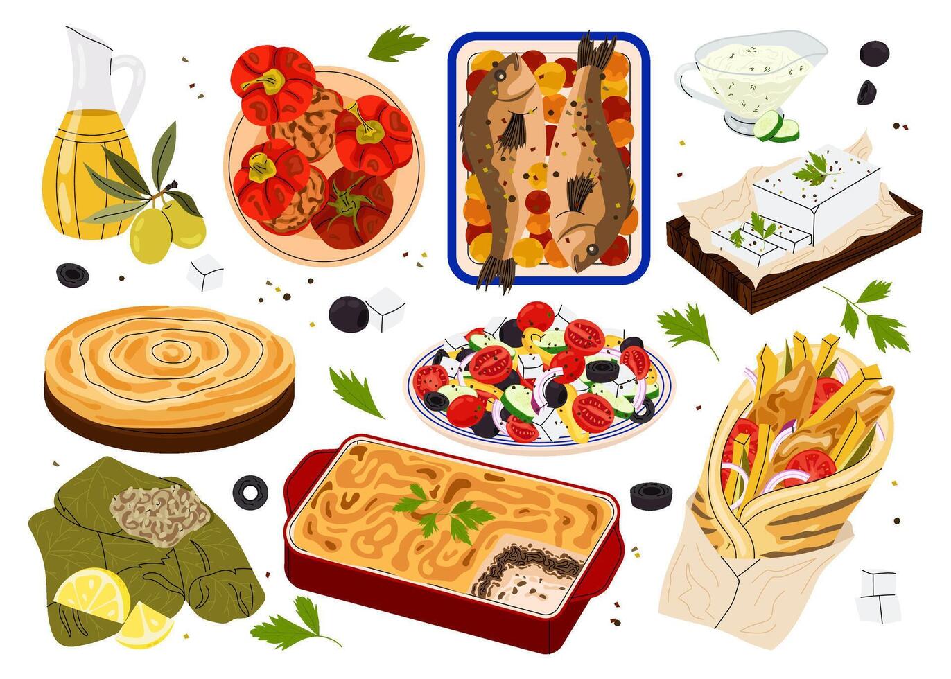 Greek traditional cuisine. Set of illustrations of national Greek dishes moussaka, dolma, stuffed peppers, feta cheese, olive oil, Greek salad. vector