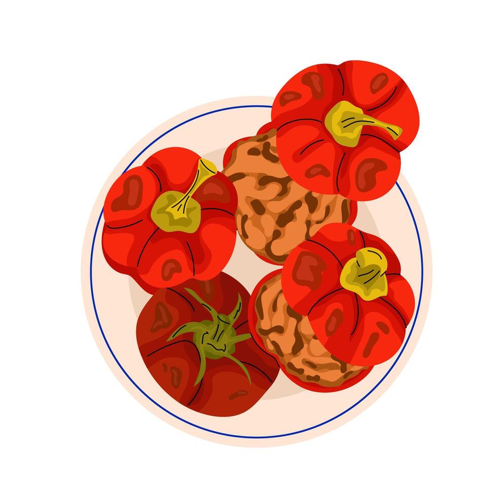 Baked stuffed bell pepper and tomato. Greek cuisine. National food. Flat illustration for poster, menu, culinary blog, cookbook. vector