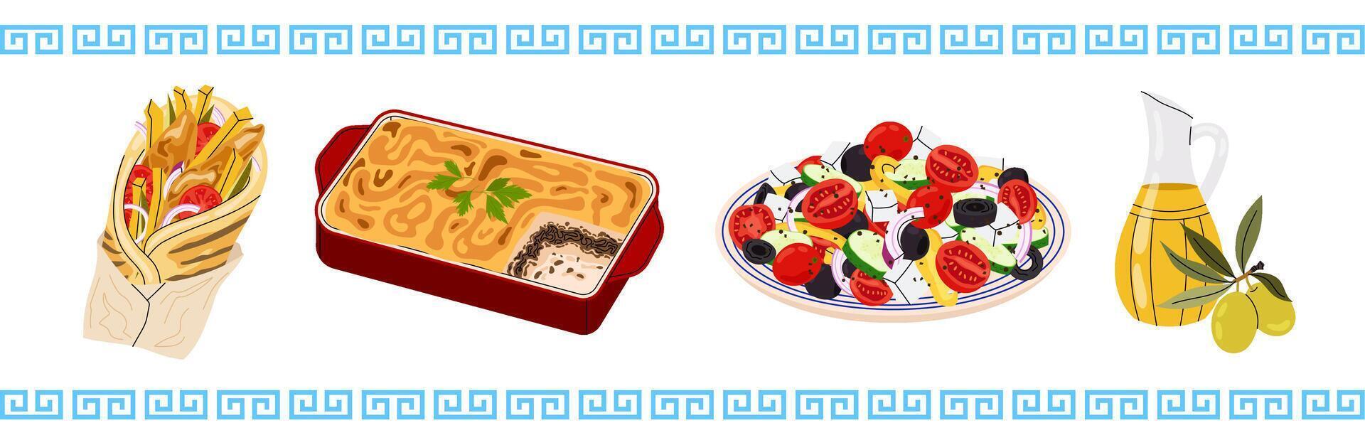 Set of traditional greek food. Greek cuisine. Food illustration for menu. Olive oil, greek salad, moussaka, gyro. vector