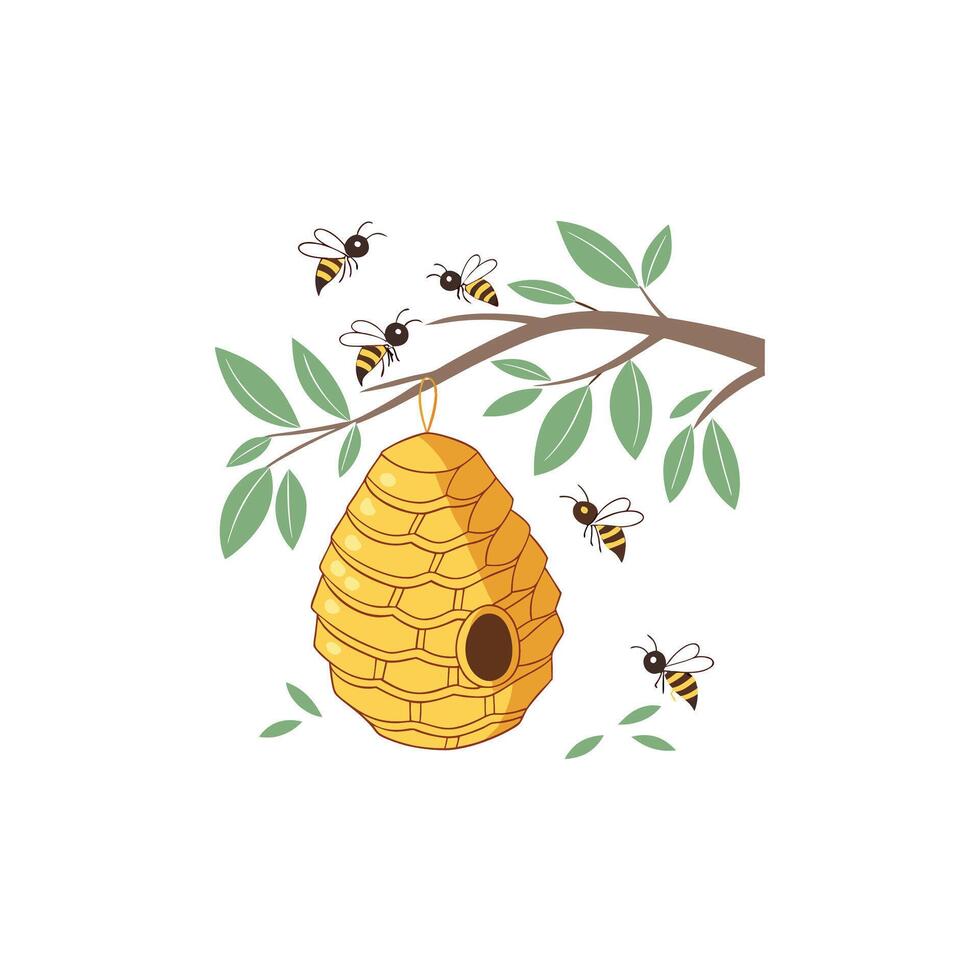 Bee hive and beehive on tree branch illustration vector