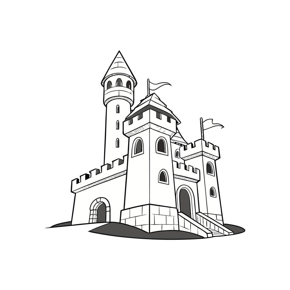 A castle is shown in black and white vector