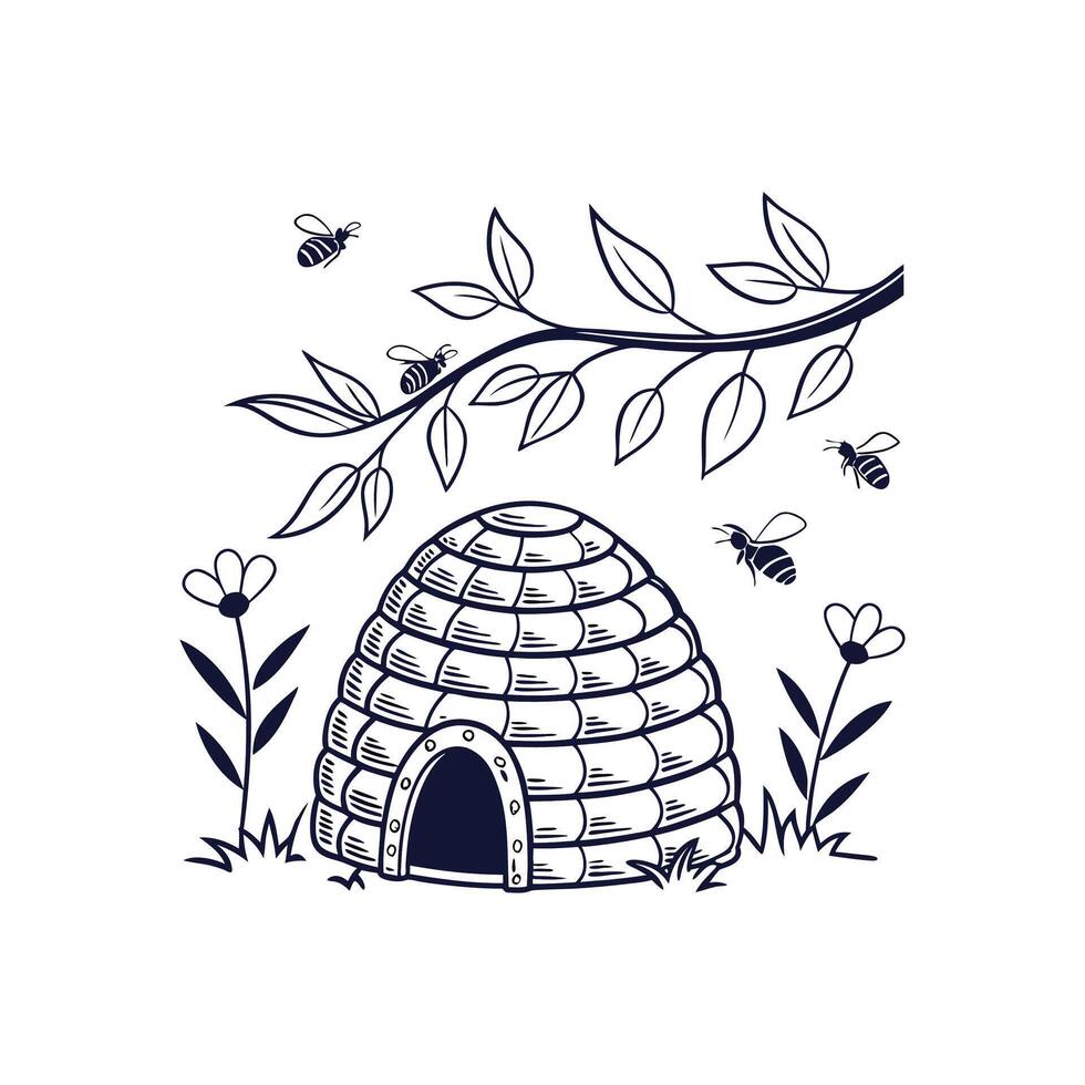 Bee hive and bee hive with flowers and bees illustration vector