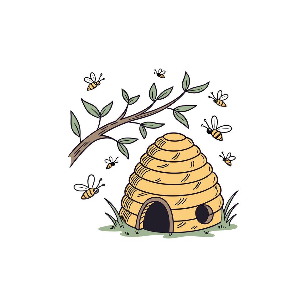 Bee hive and bee hive with bees illustration vector