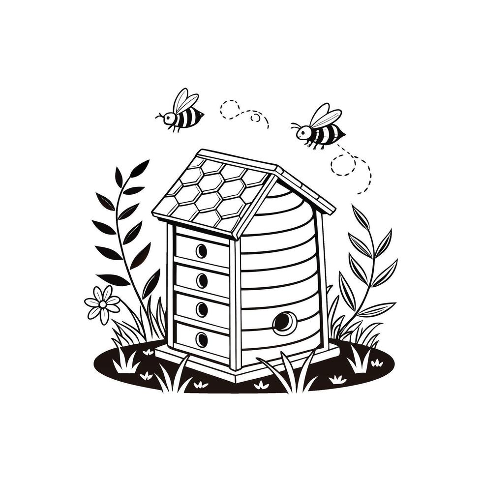 Bee house with bees and flowers illustration vector