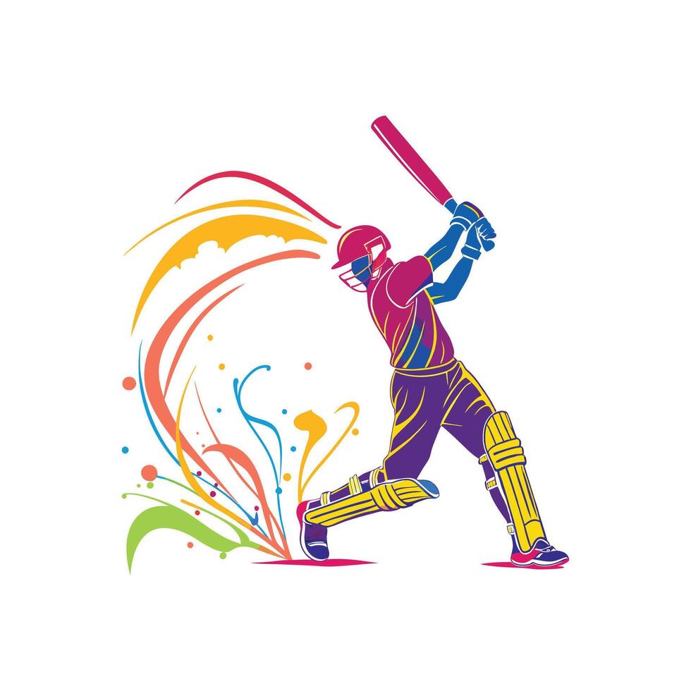 A cricket player hitting the ball with colorful splashes vector