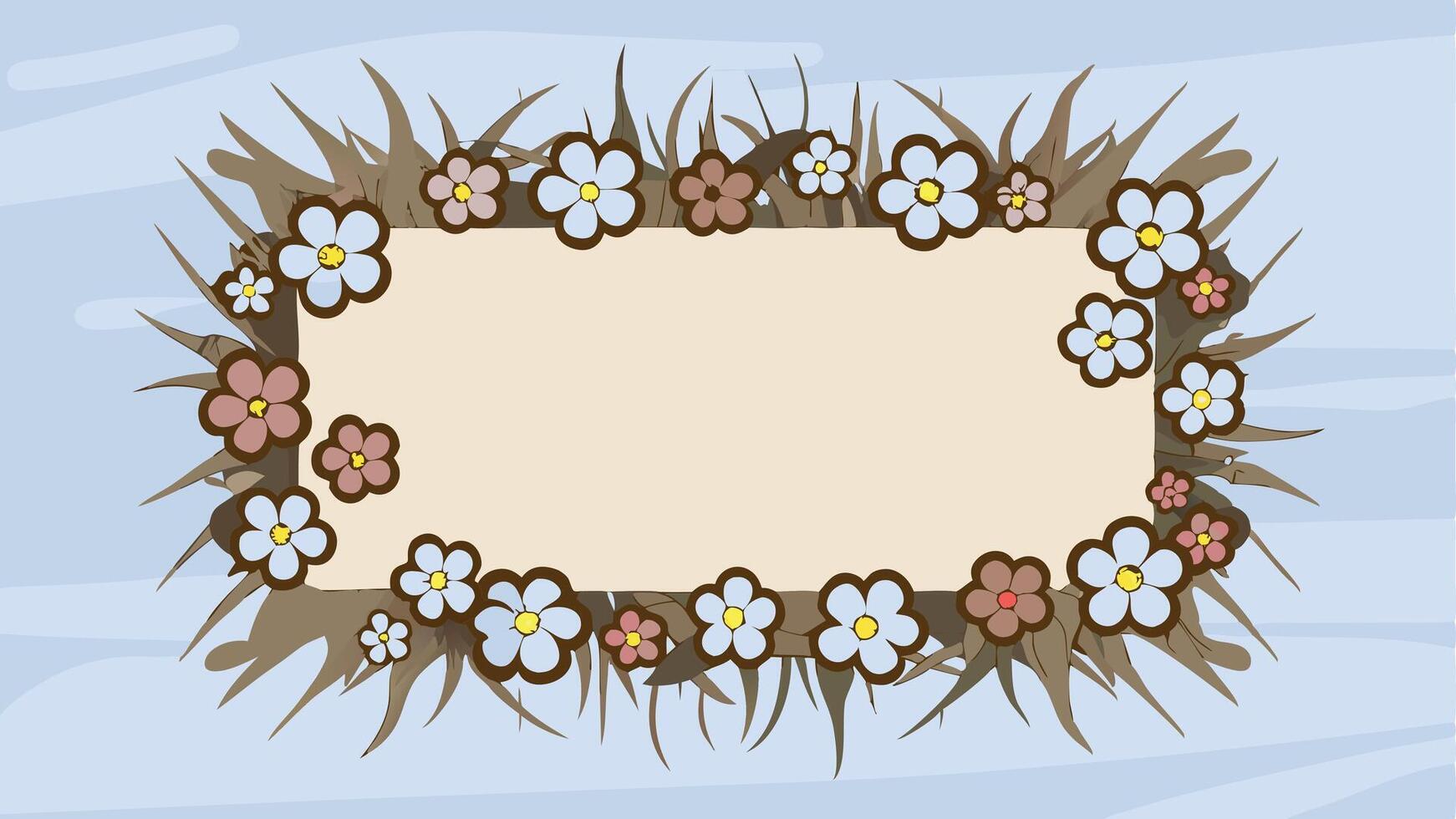 A frame with flowers and grass on a blue background vector