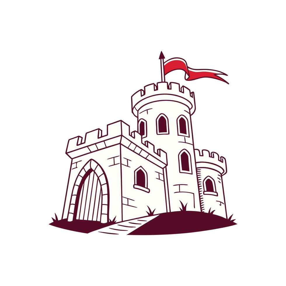 Castle with red flag on top of it, illustration vector