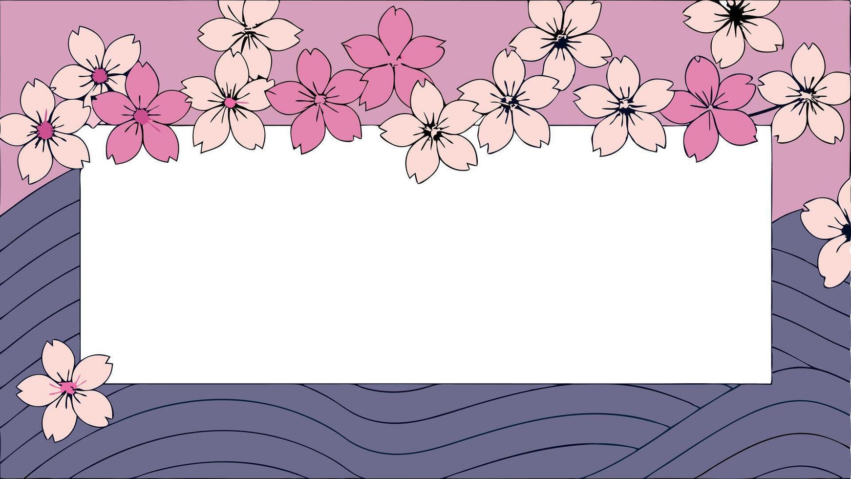 A pink and purple background with flowers and a blank frame vector