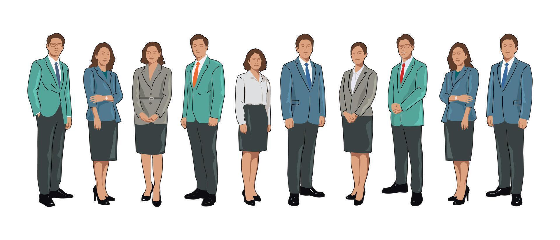 Young executive businessman collection, standing in formal posture, illustration. vector