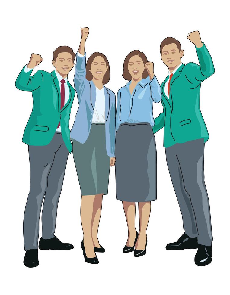 Young executive businessman cheers and happy rise their hands up. Illustration. vector