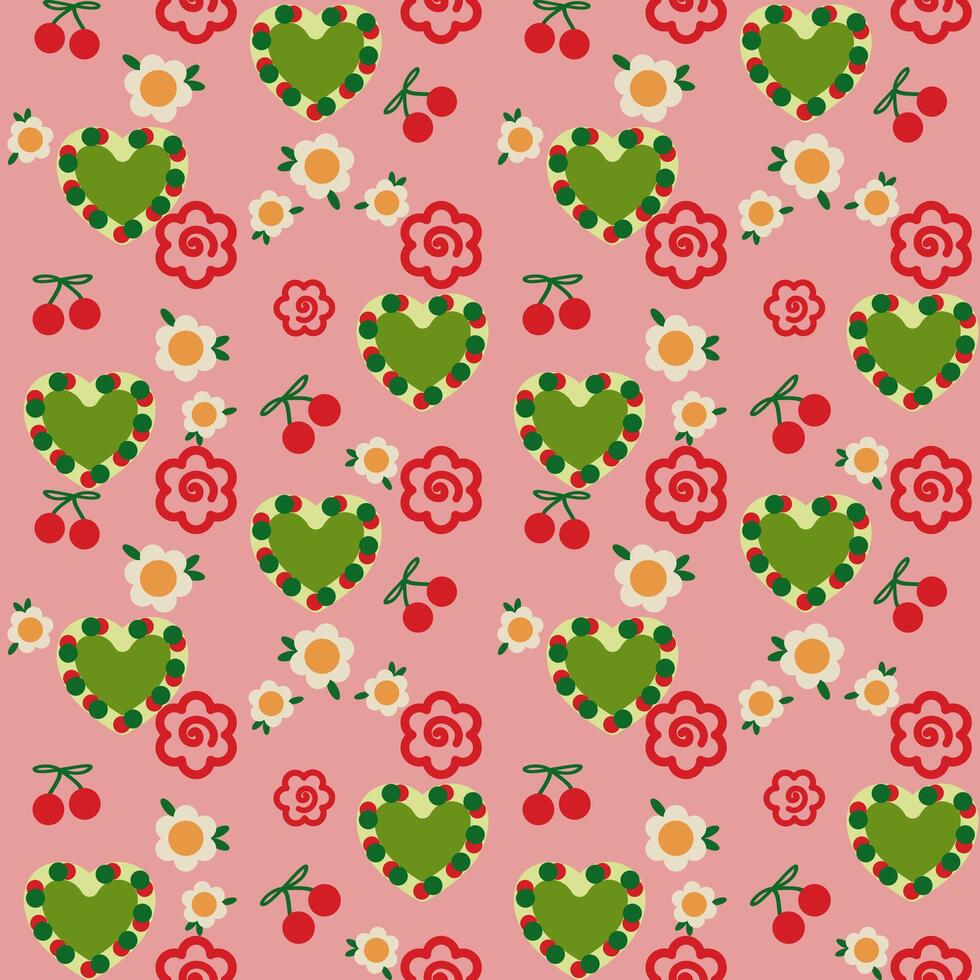 Cherry Heart Petal Floral Pattern Playful Pink Graphic Backgrounds For Wrapping Paper Print. vector