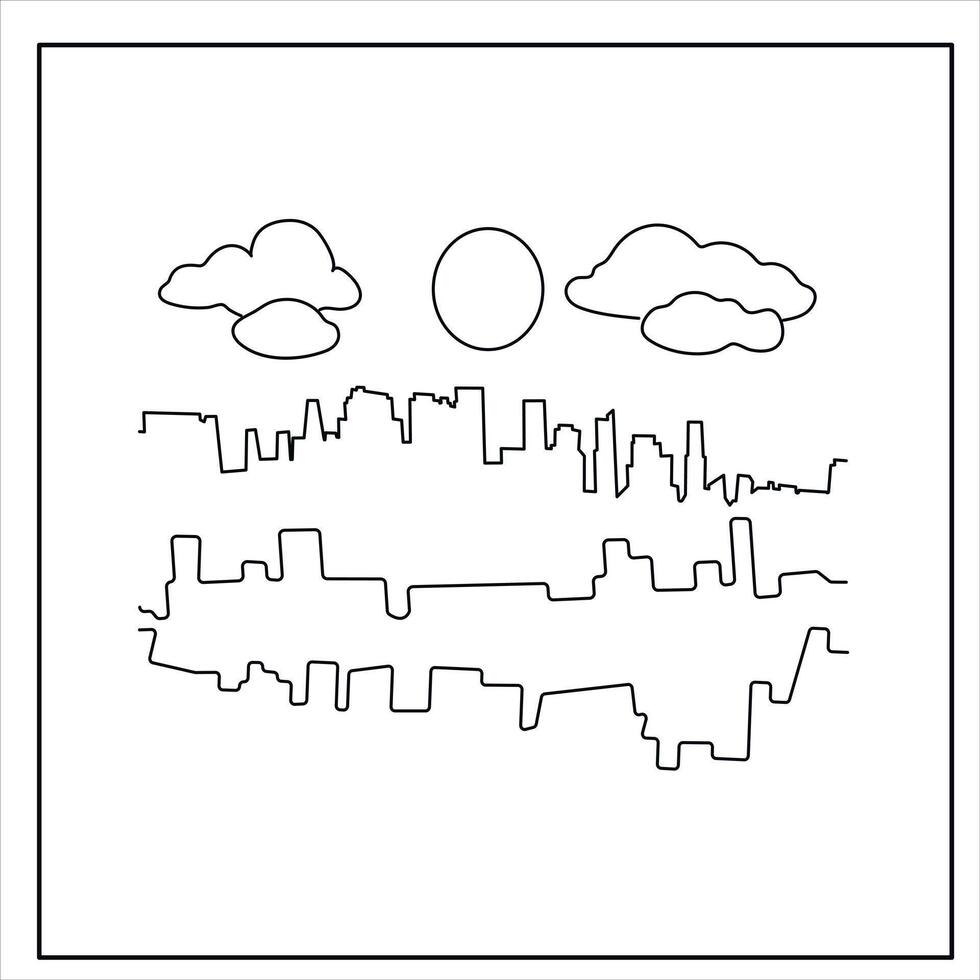 Line Art Cityscape with Tall Buildings, Sun, and Clouds on White Background vector