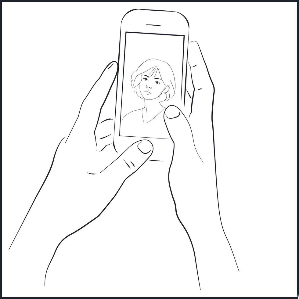 Hands Holding Smartphone with Asian Womans Face in Call vector