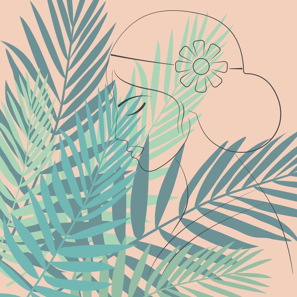 Girl with closed eyes. Flower in hair. Colored background. Line art style. vector
