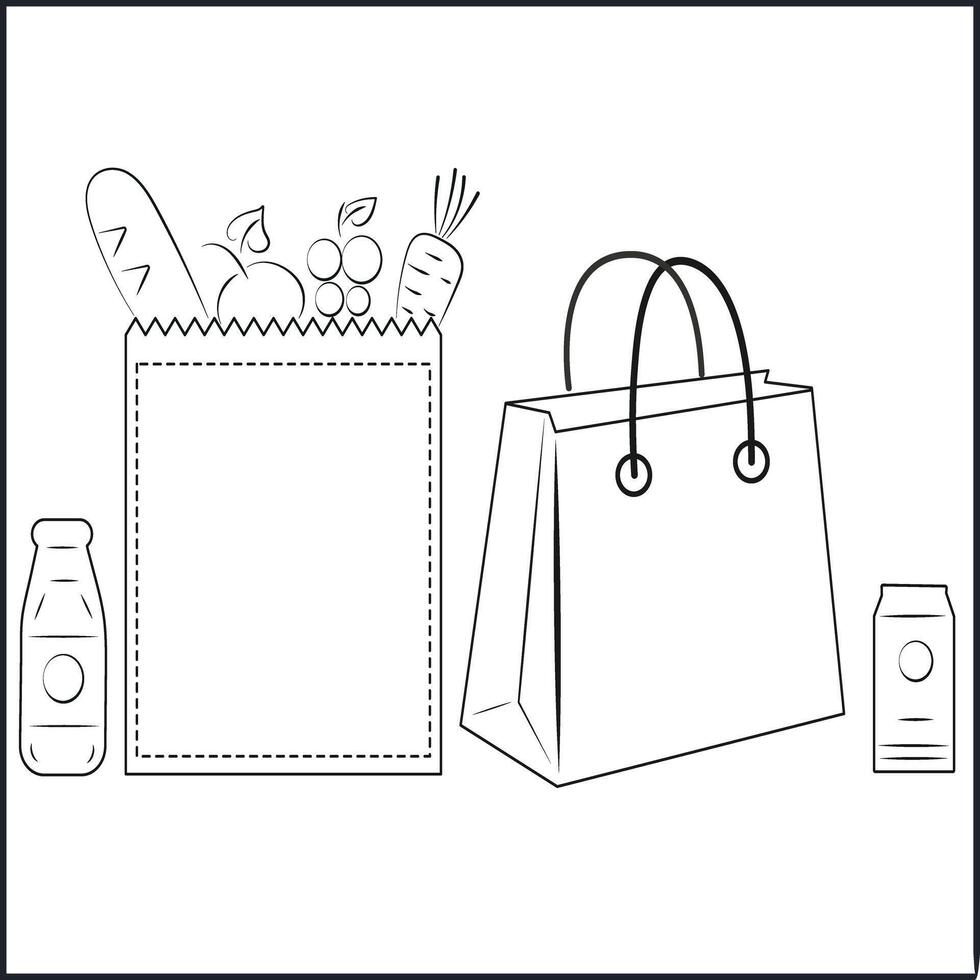 Grocery Bag with Vegetables, Fruit, Water Bottle, and Bag on White Background vector
