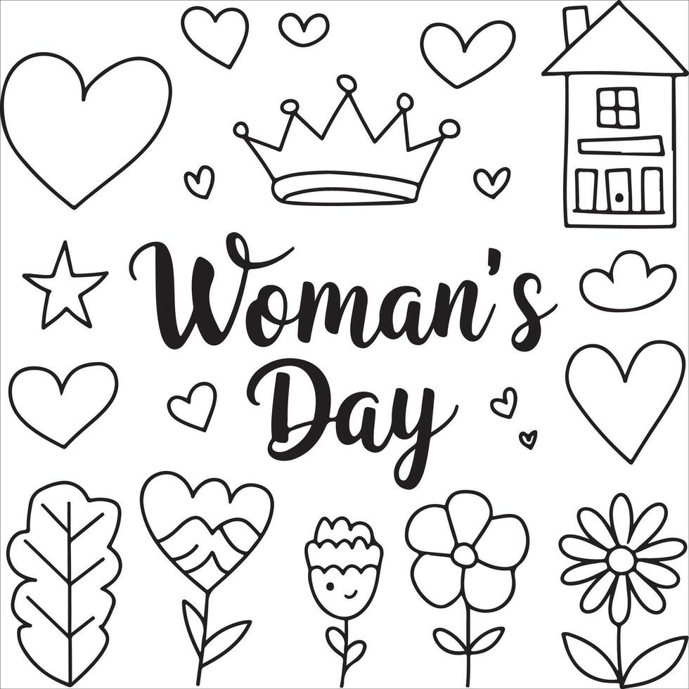 Women's day coloring page with flowers and hearts vector