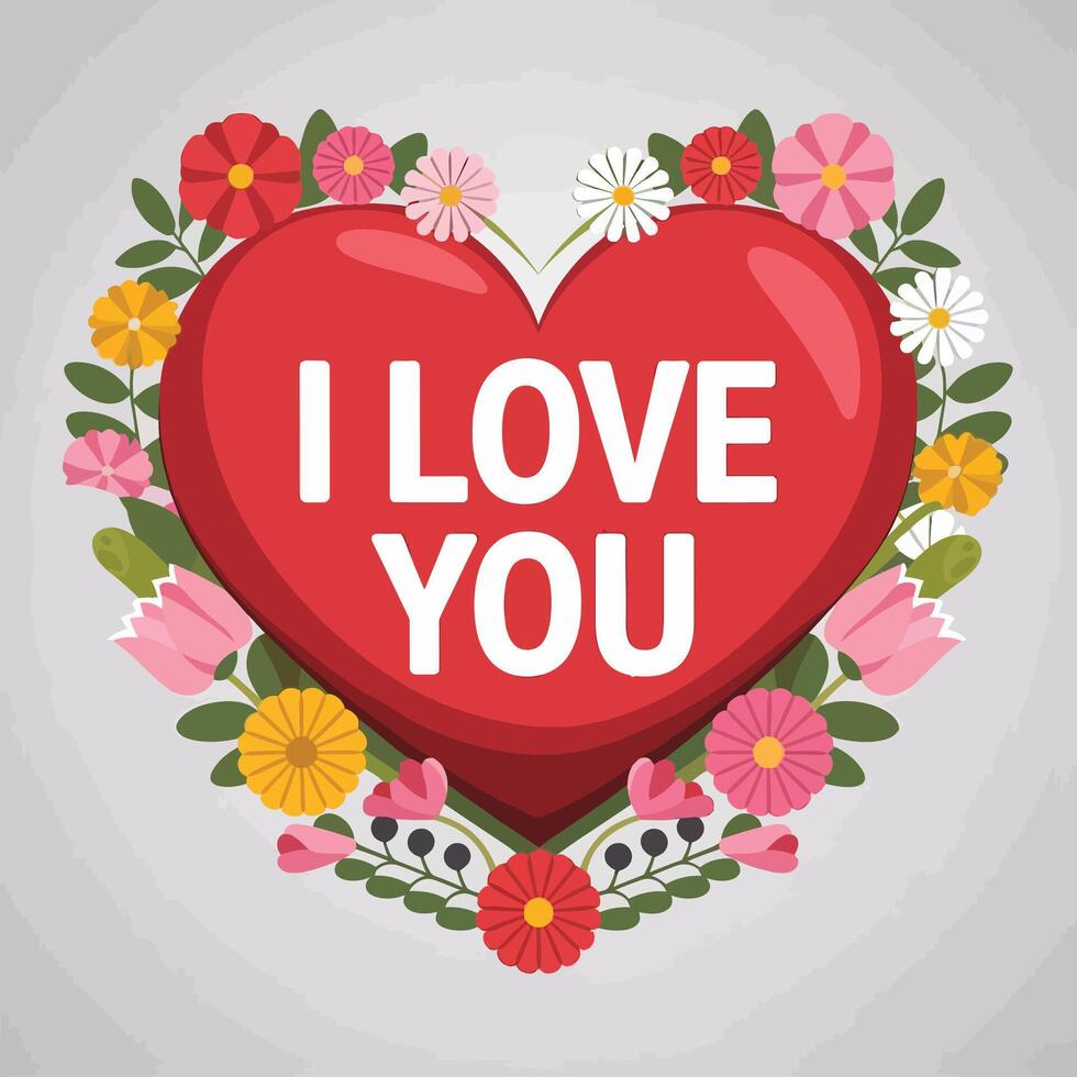 I love you heart with flowers and leaves on a gray background vector