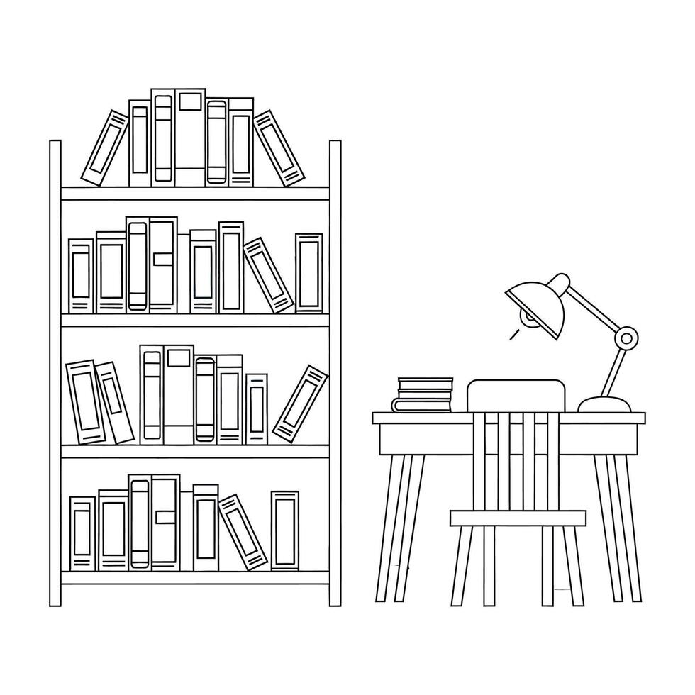 School desk with bookshelf and lamp illustration vector