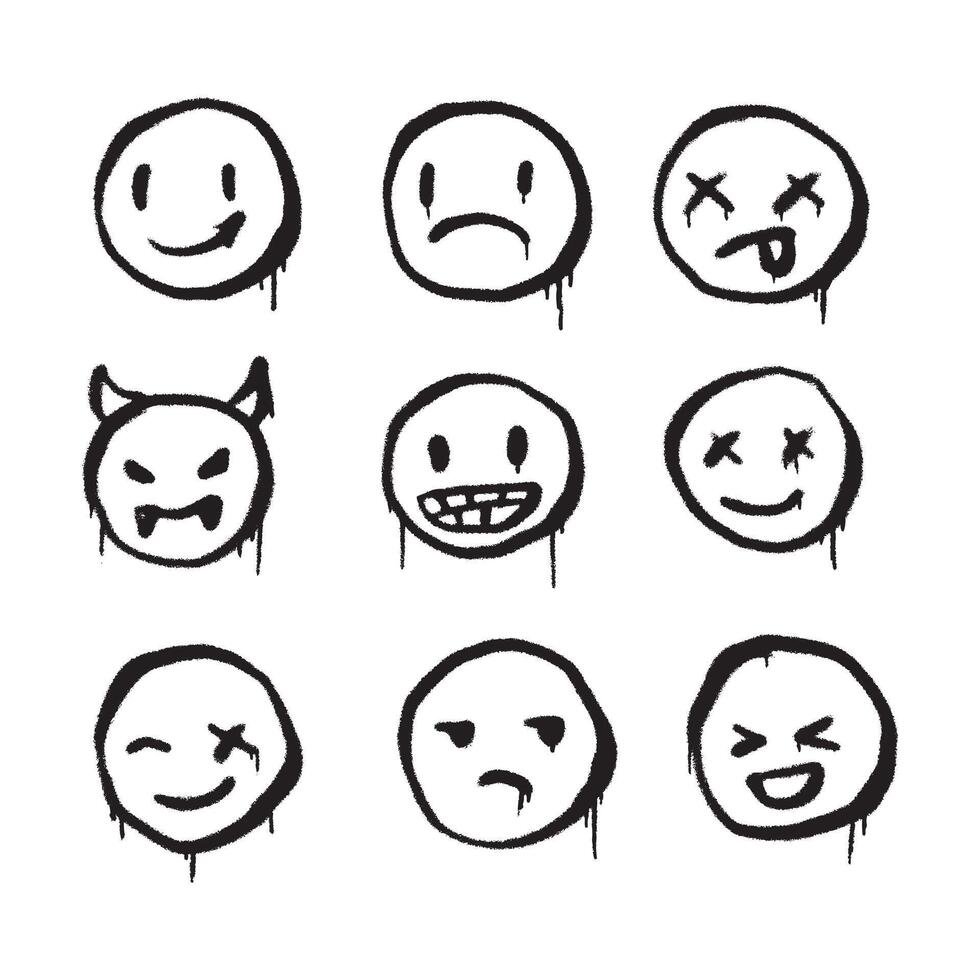 Emoticon smile sad angry set hand drawn spray painted illustration vector