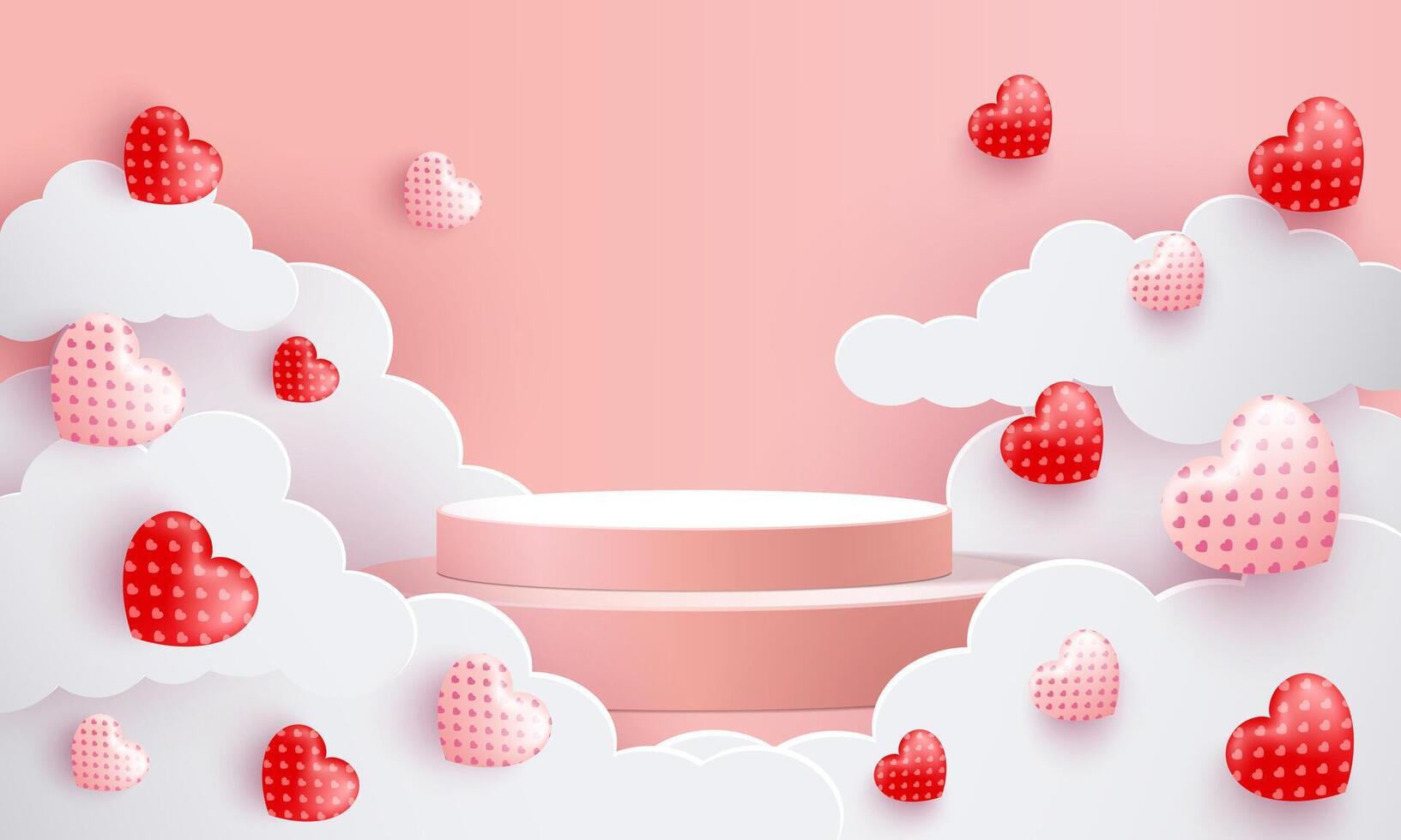 Valentine's day background with red and pink hearts and podium illustration. pinkbackground vector