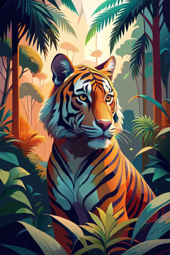 Majestic Tiger in a Lush Jungle with Vibrant Foliage and Serene Mountain Range vector
