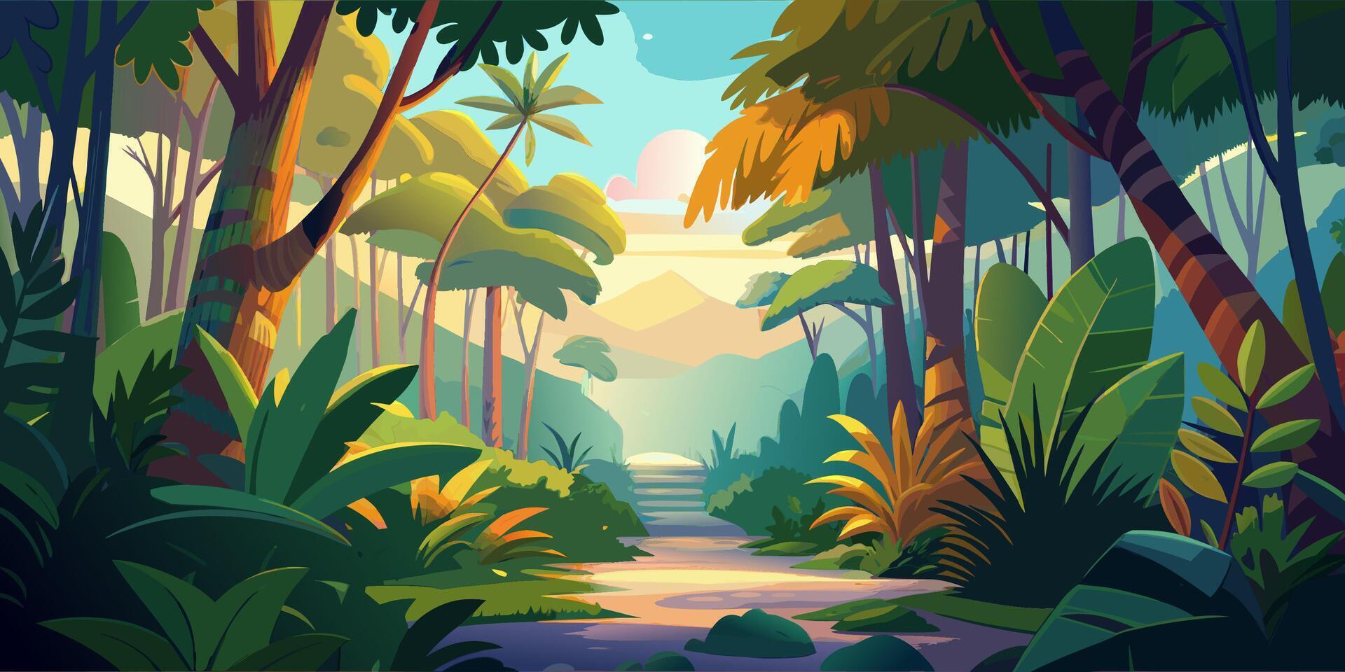 Tropical Jungle Pathway with Lush Vegetation and Sunrise vector