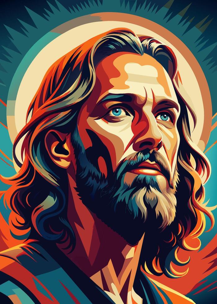 Vibrant Portrait of a Bearded Man with Long Hair and Intense Gaze vector