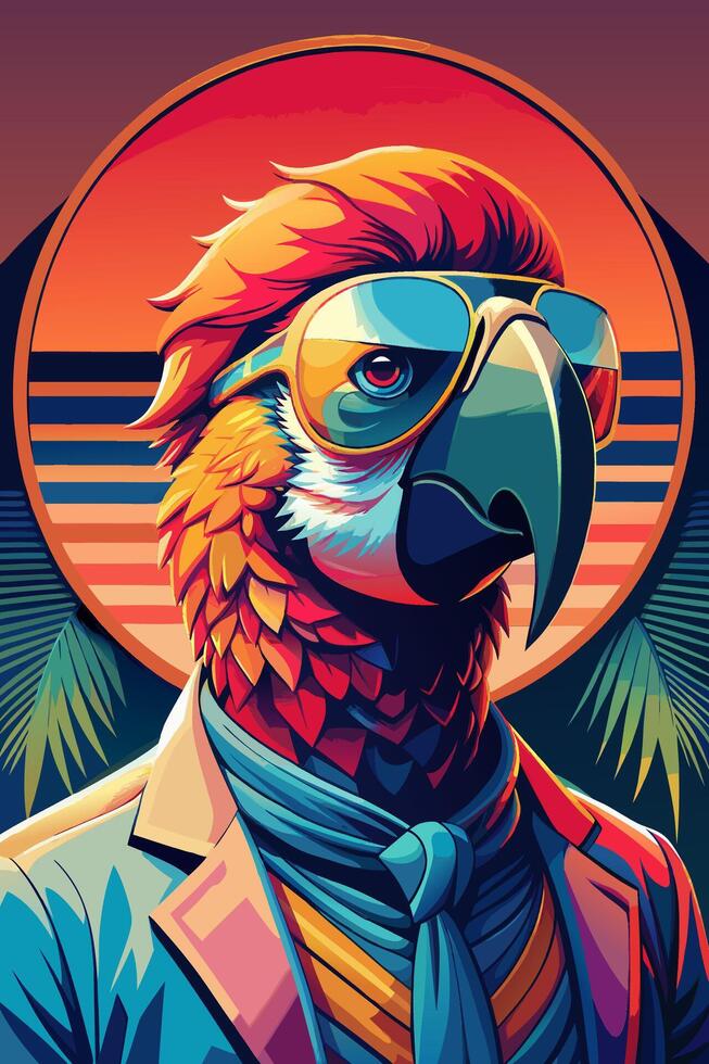 Stylish Parrot Wearing Sunglasses and a Scarf in a Tropical Setting vector