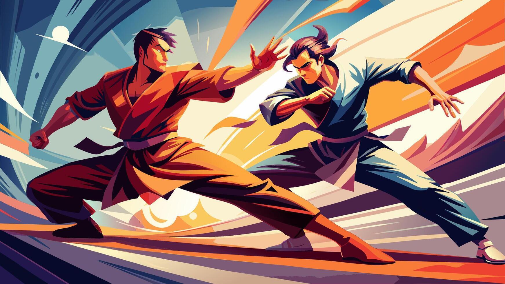Martial Arts Masters Engaged in Dynamic Combat with Fluid Movements vector