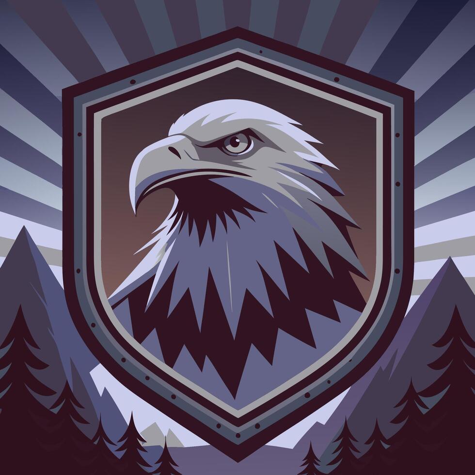 Majestic Eagle Head Emblem with Shield and Mountain Background vector