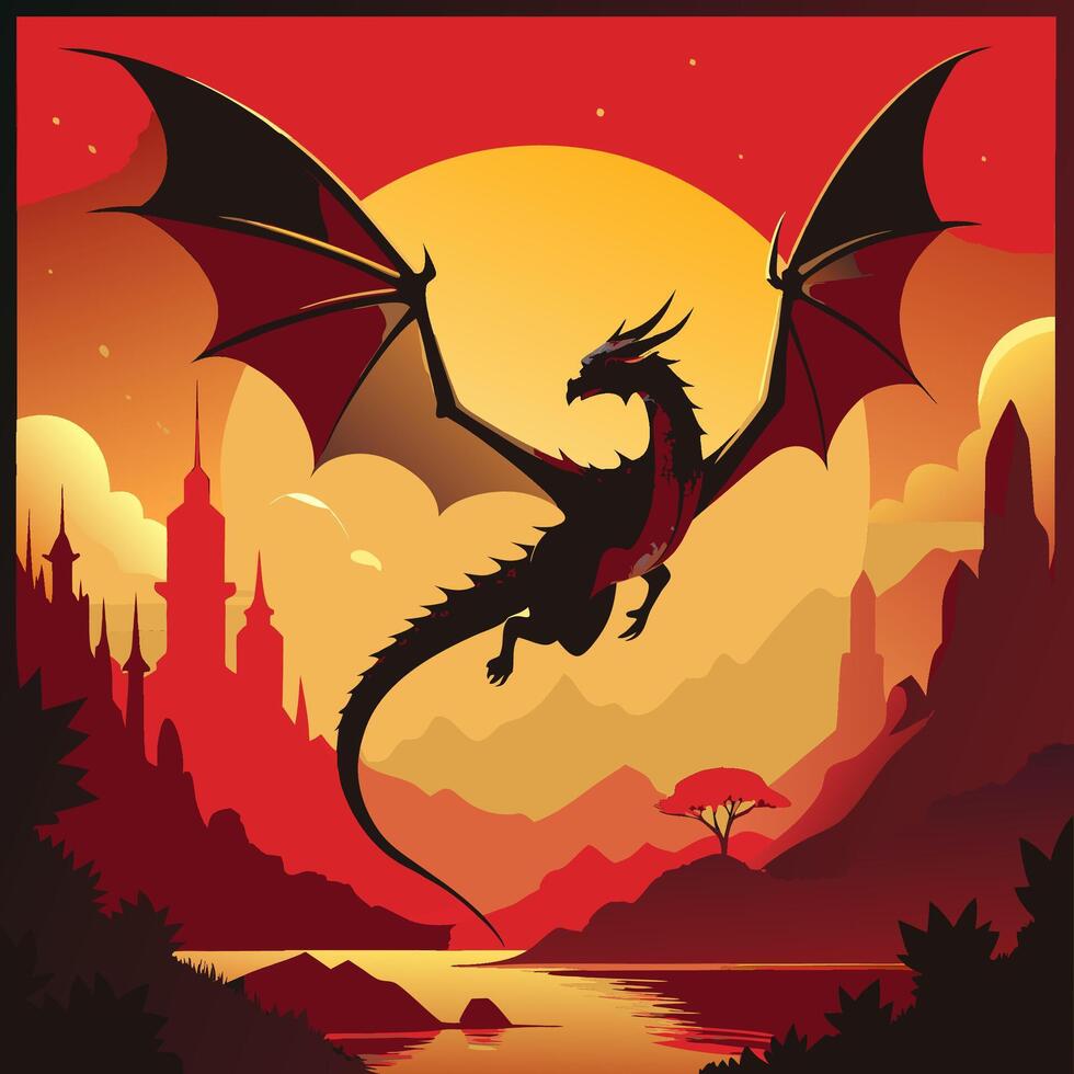 Majestic Dragon Flying Over Mystical Castle During Sunset Scene vector