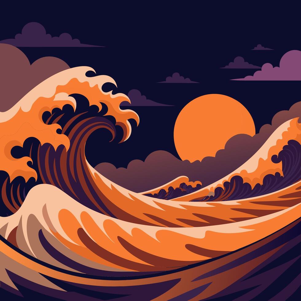 Giant Wave Rolling in the Moonlit Night with Starry Sky vector