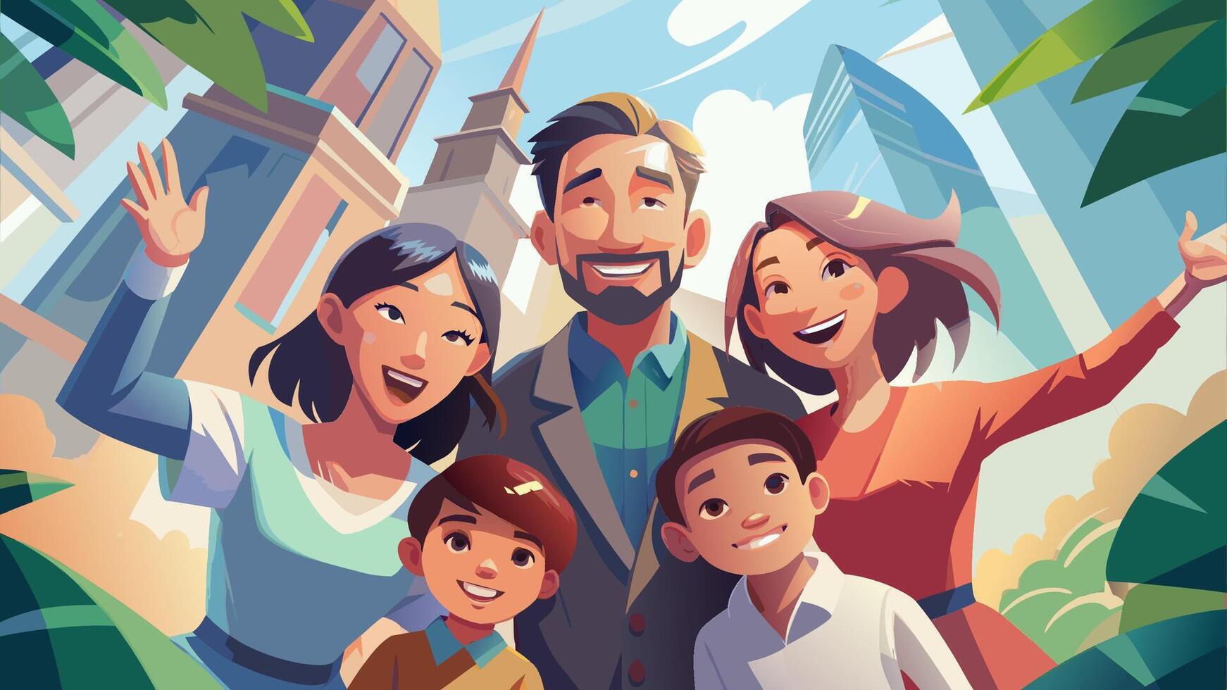 Happy Family Enjoying a Fun Day Out in the City Together vector
