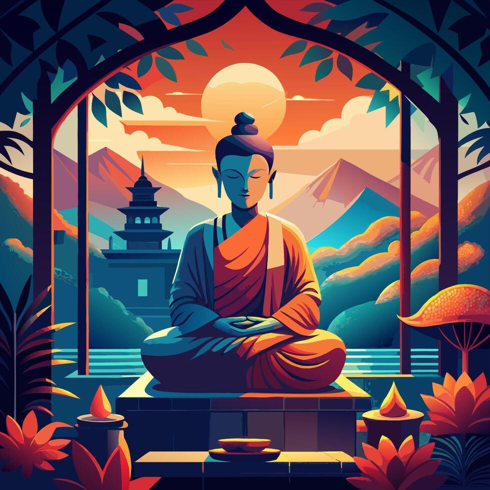 Serene Buddha Statue Meditating in a Tranquil Temple Setting vector
