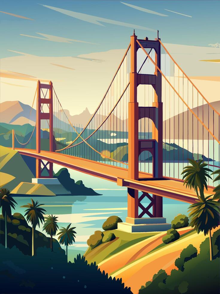 Iconic Golden Gate Bridge with Scenic Bay and Mountainous Background vector