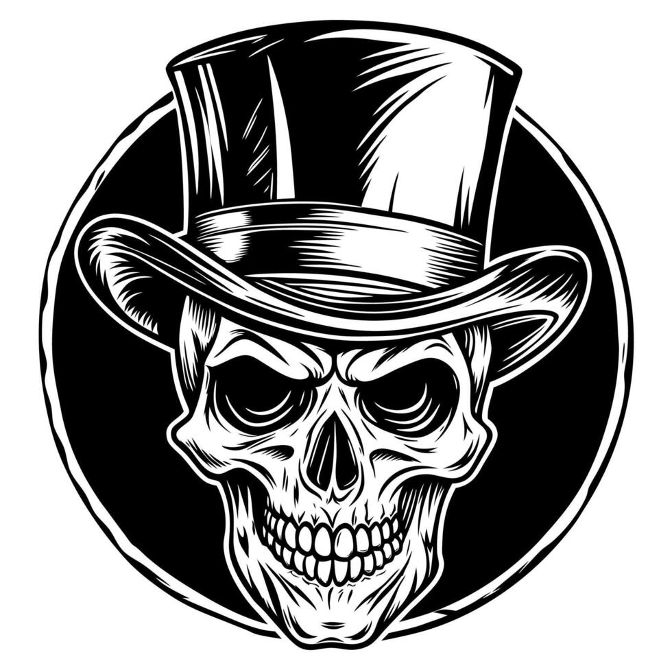 Skull with Top Hat in Black and White Circle vector