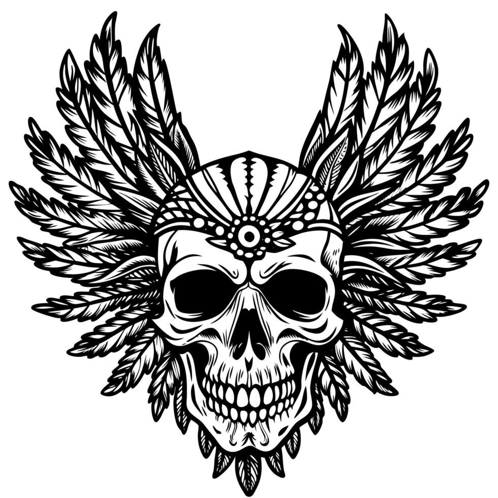 Monochrome Skull with Wings and Feathers Art Design vector