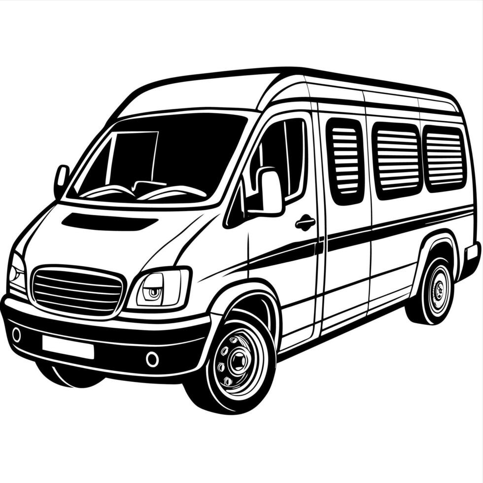 Black and White Illustration of a Modern Passenger Van with Tinted Windows and Sliding Door vector