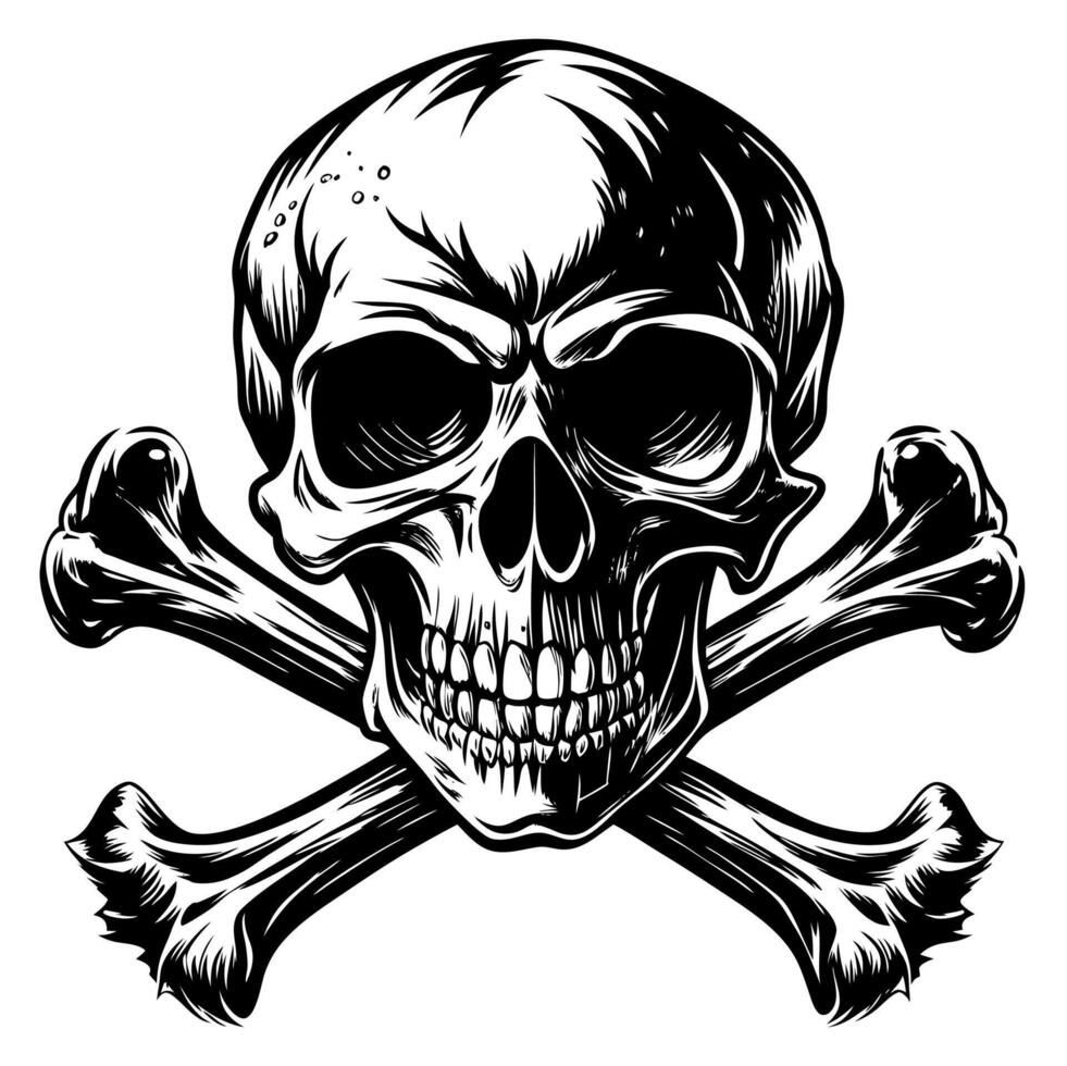 Grim Reaper Skull with Crossbones in Black and White Illustration Style vector