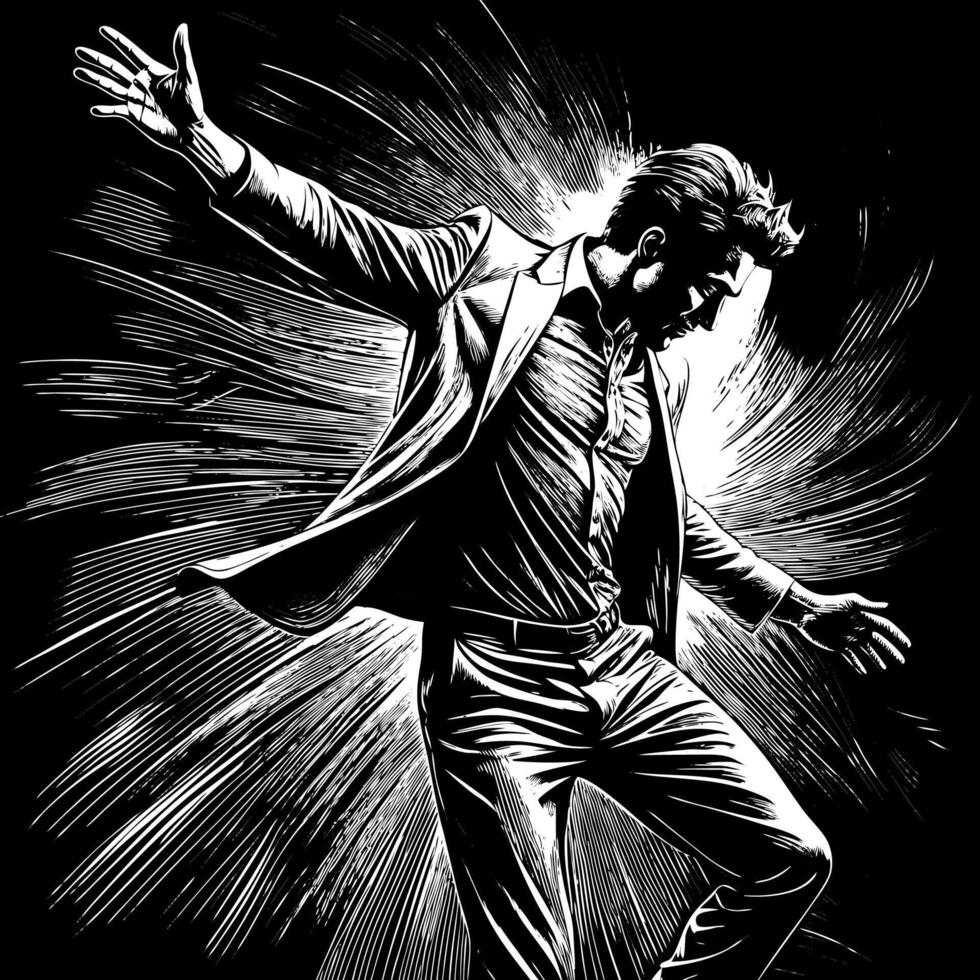 Dramatic Black and White Illustration of a Man in Suit Dancing Passionately vector