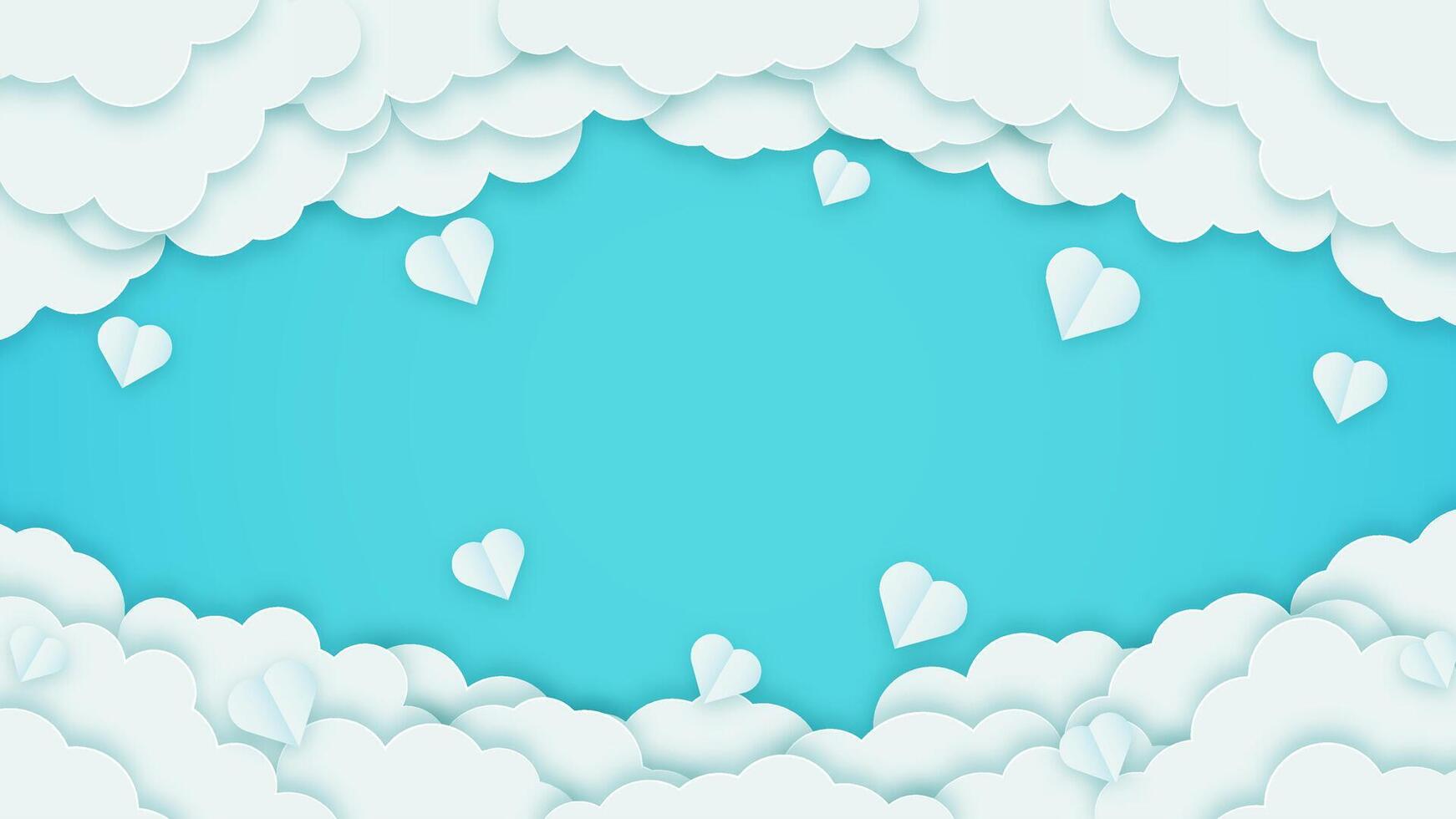 Happy Valentine's Day banner with turquoise background. Cupids, hearts, and clouds create a romantic holiday design for cards and flyers. vector