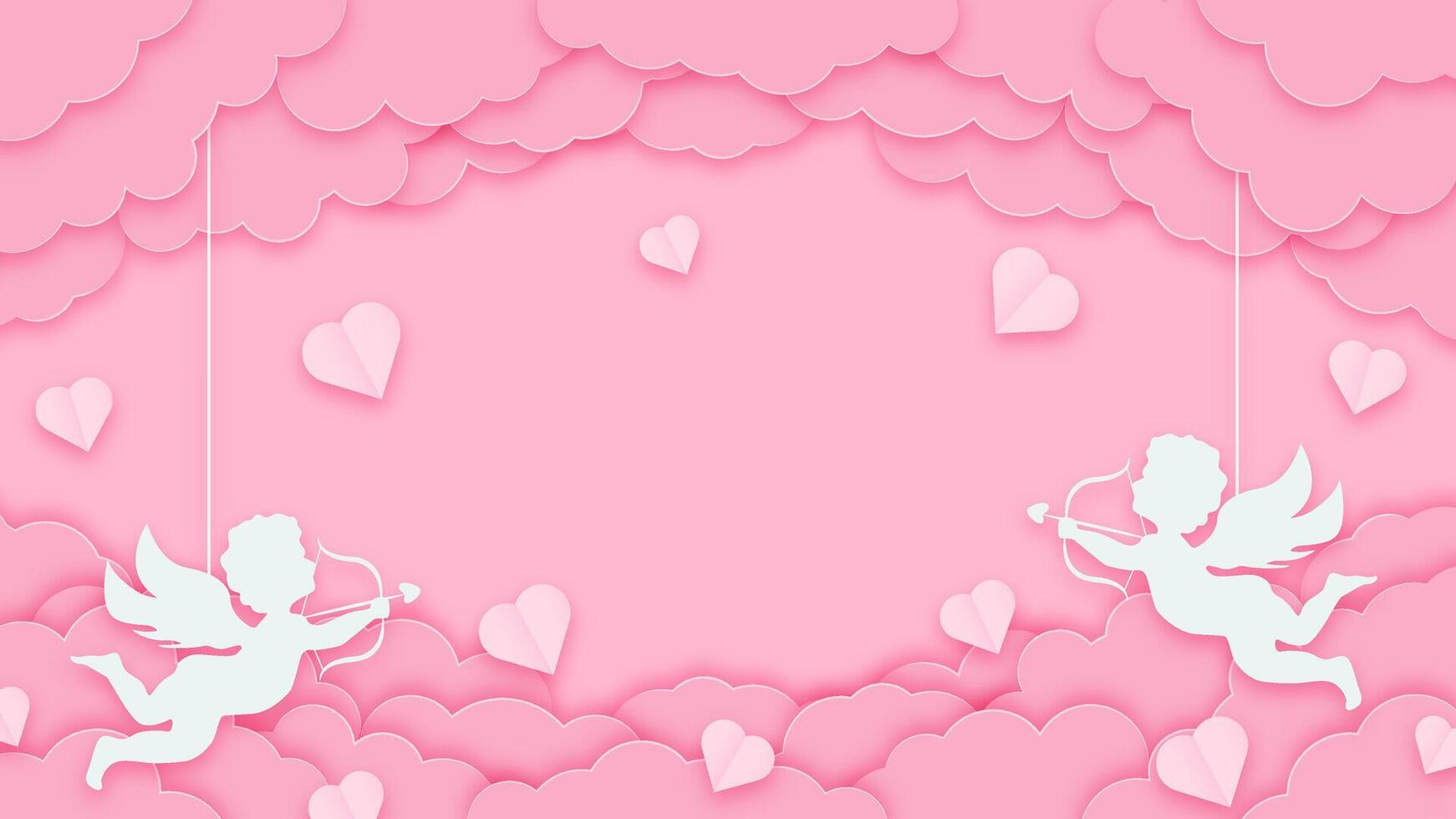 Pink holiday background with cupids and hearts surrounded by clouds. Happy Valentines Day banner for romantic flyers and cards. vector