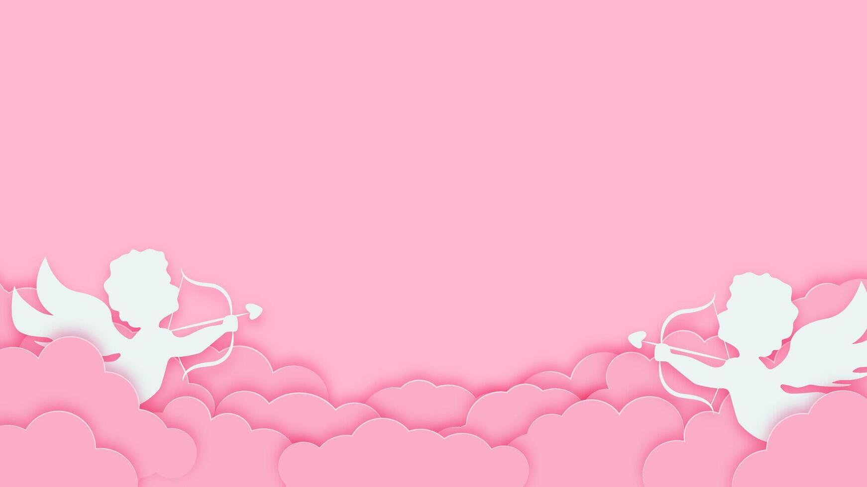 Pink background with cupids, hearts, and soft clouds. Happy Valentines Day banner for romantic greeting cards, flyers, and posters. vector
