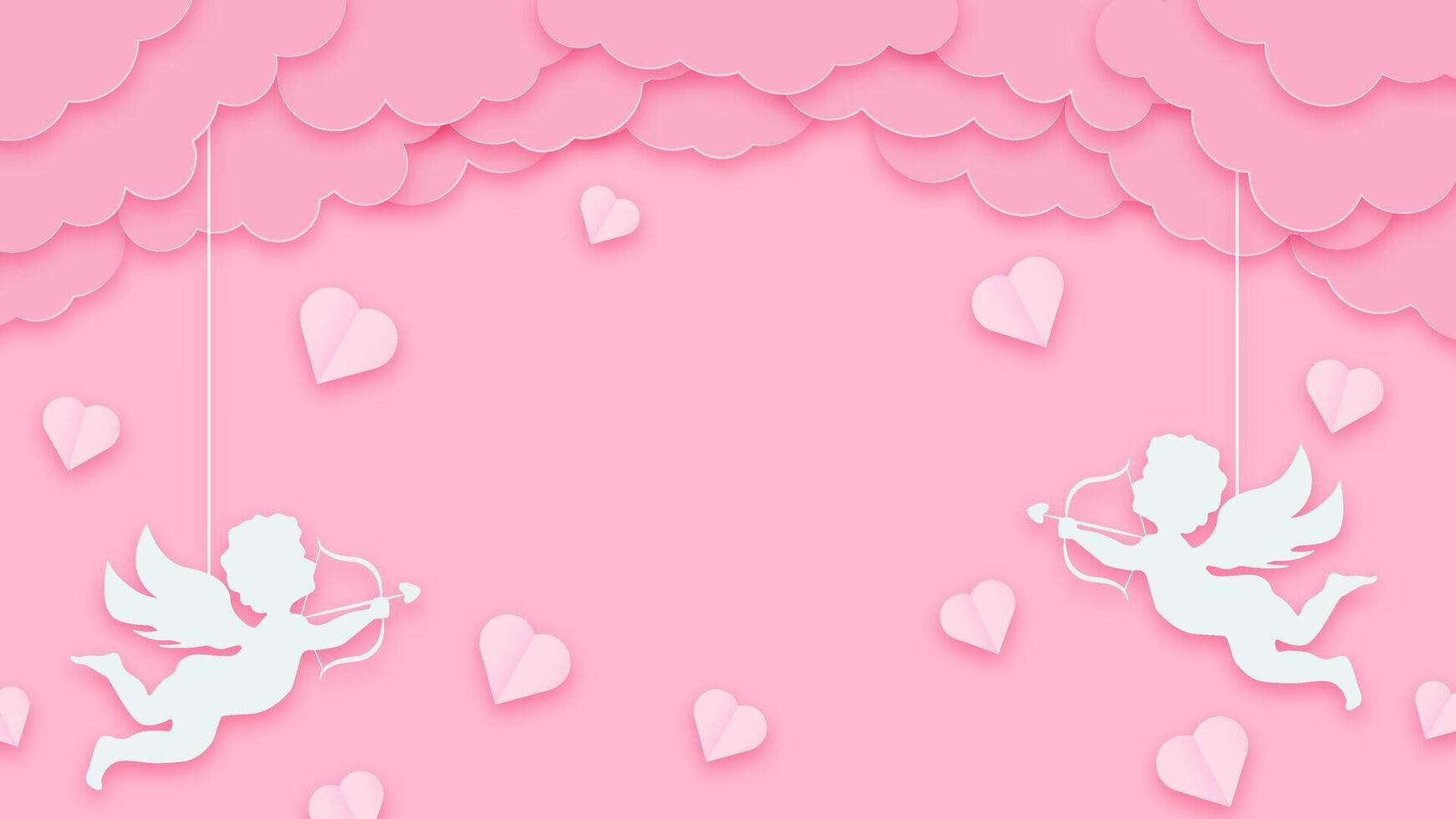 Soft pink background with cupids, clouds, and hearts. Happy Valentines Day banner design for celebration cards, posters, and flyers. vector