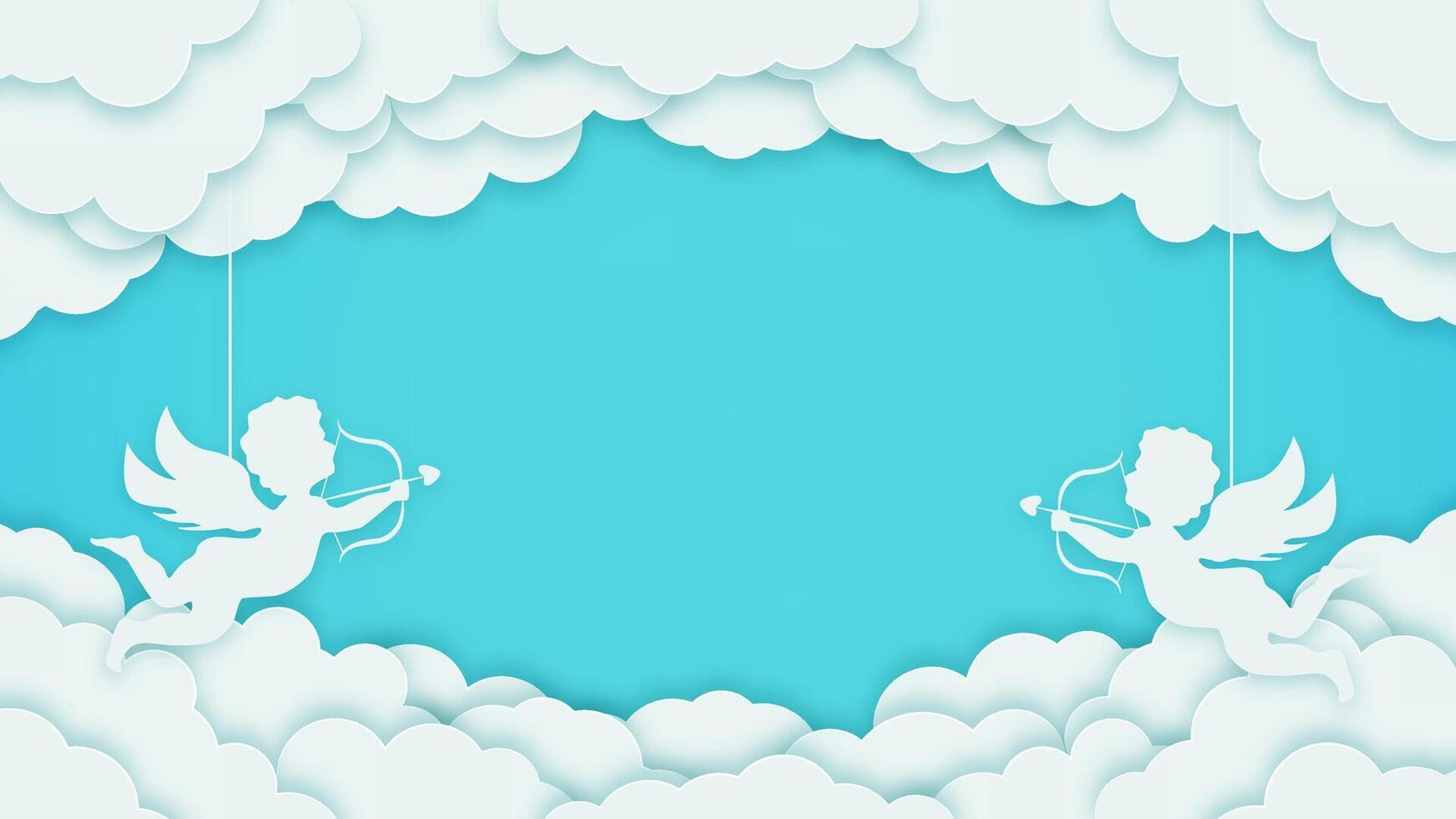 Turquoise holiday background with cupids, hearts, and clouds. Happy Valentine's Day banner for romantic cards and posters. vector