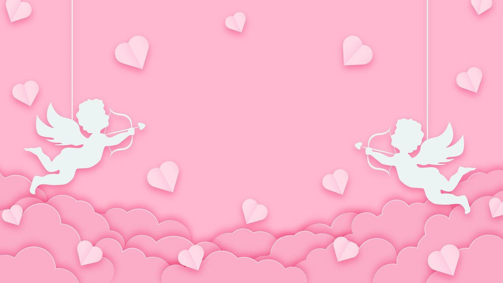 Happy Valentines Day banner. Romantic pink background with cupids, hearts, and soft clouds. Ideal for greeting cards, posters, and flyers. vector